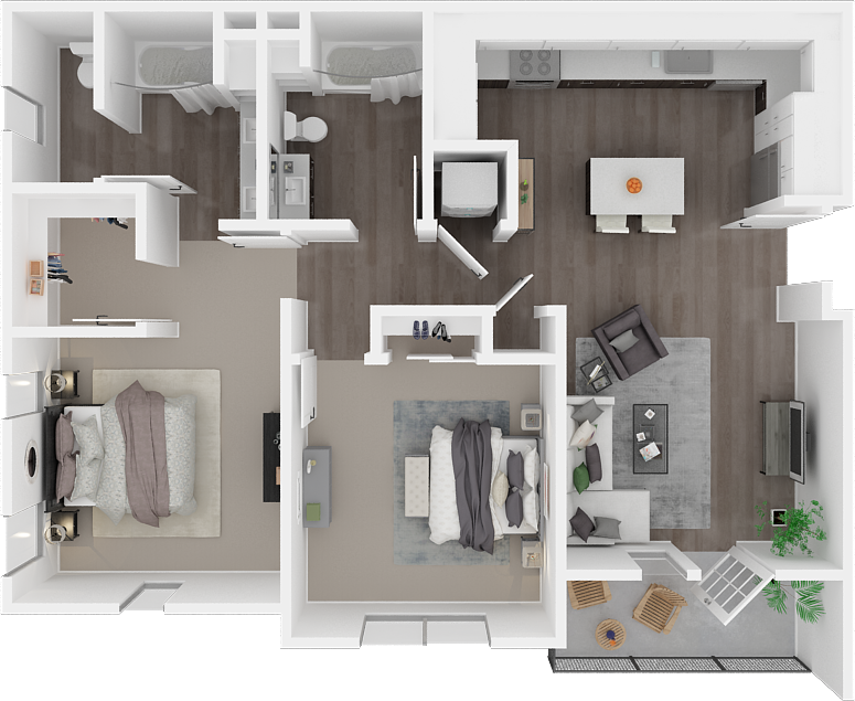 Floor plan for 2 beds, 2 baths, 1077 sqft